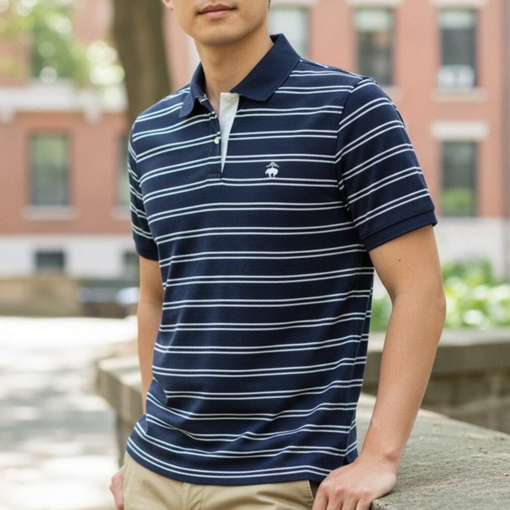 Vintage Brooks Brothers Performance Polo Shirt Navy Striped Golden Fleece Logo